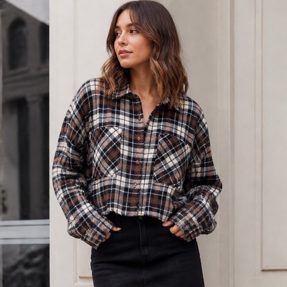 Ci Sono Cropped Plaid Flannel Brown Black Tartan Button Up Top-Medium Grunge